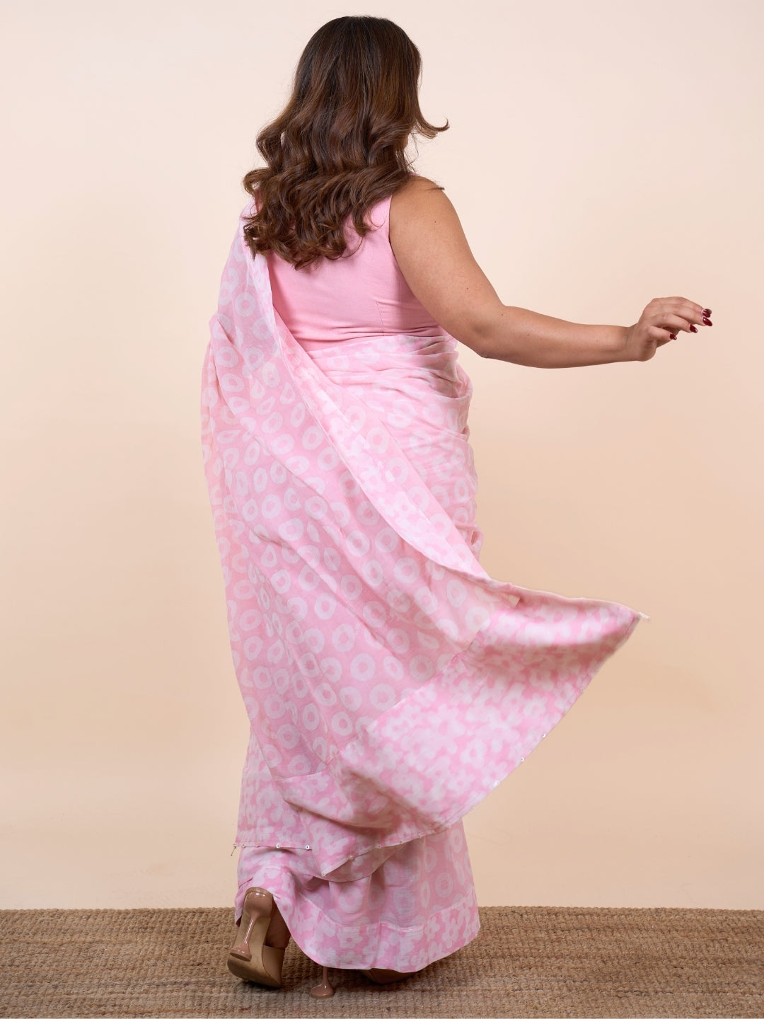 Bushra Pink Batik Hand Block Print Mul Cotton Saree with Embroidery