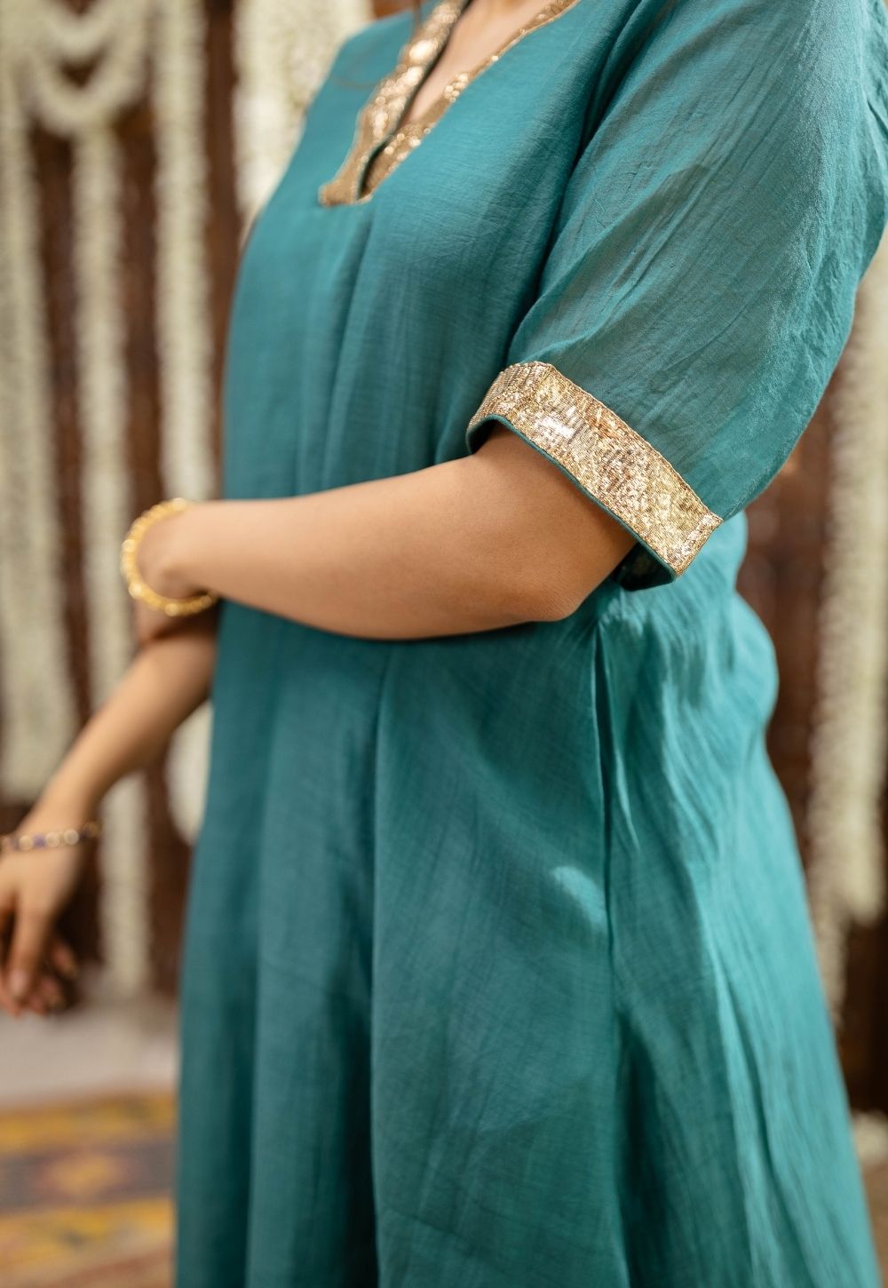 Srisha Peacock Green A Line Chanderi Silk Gota Patti Kurta Set (Set of 3)