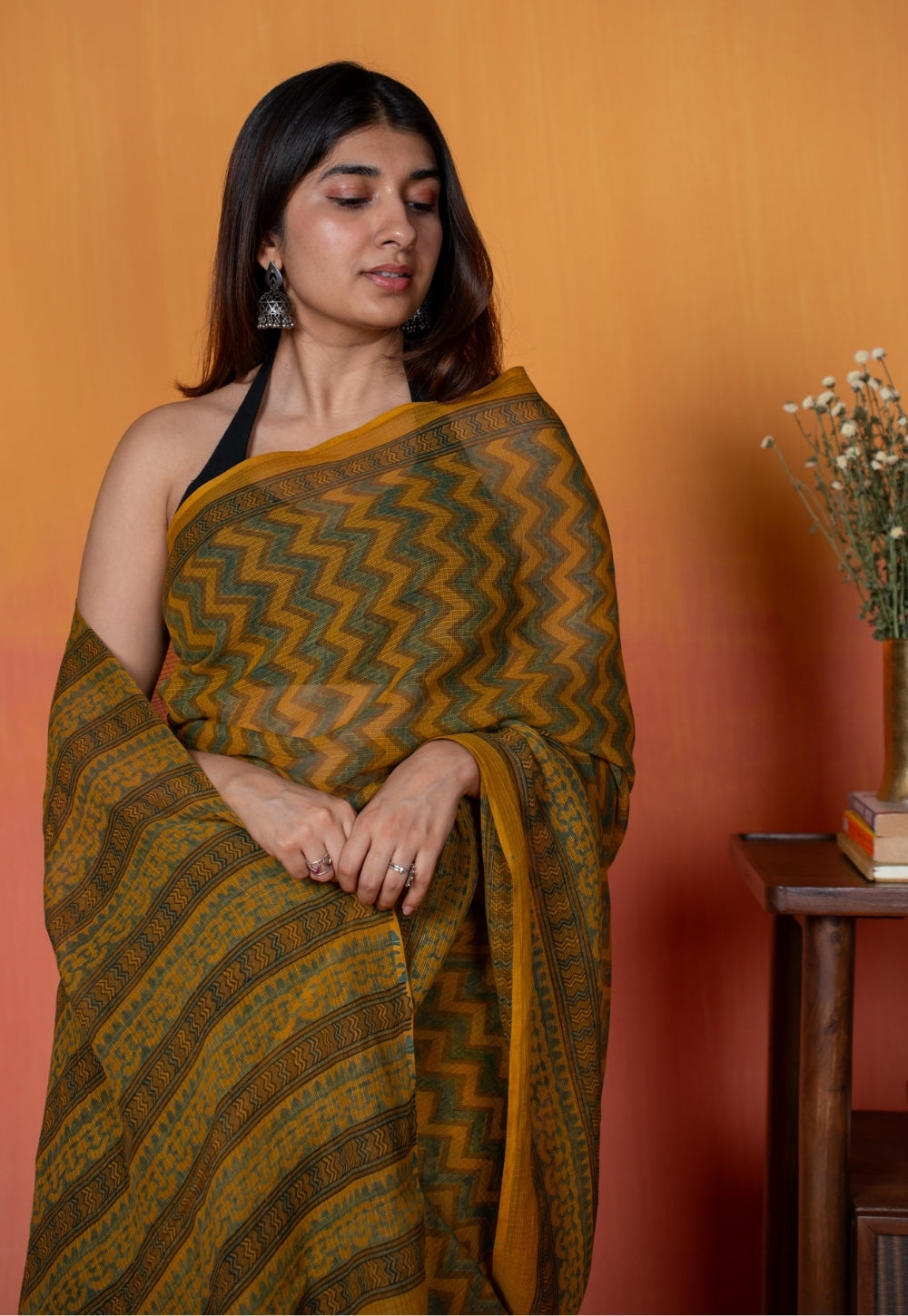 Yellow Zigzag Ajrakh Hand Block Print Kota Doria Cotton Saree