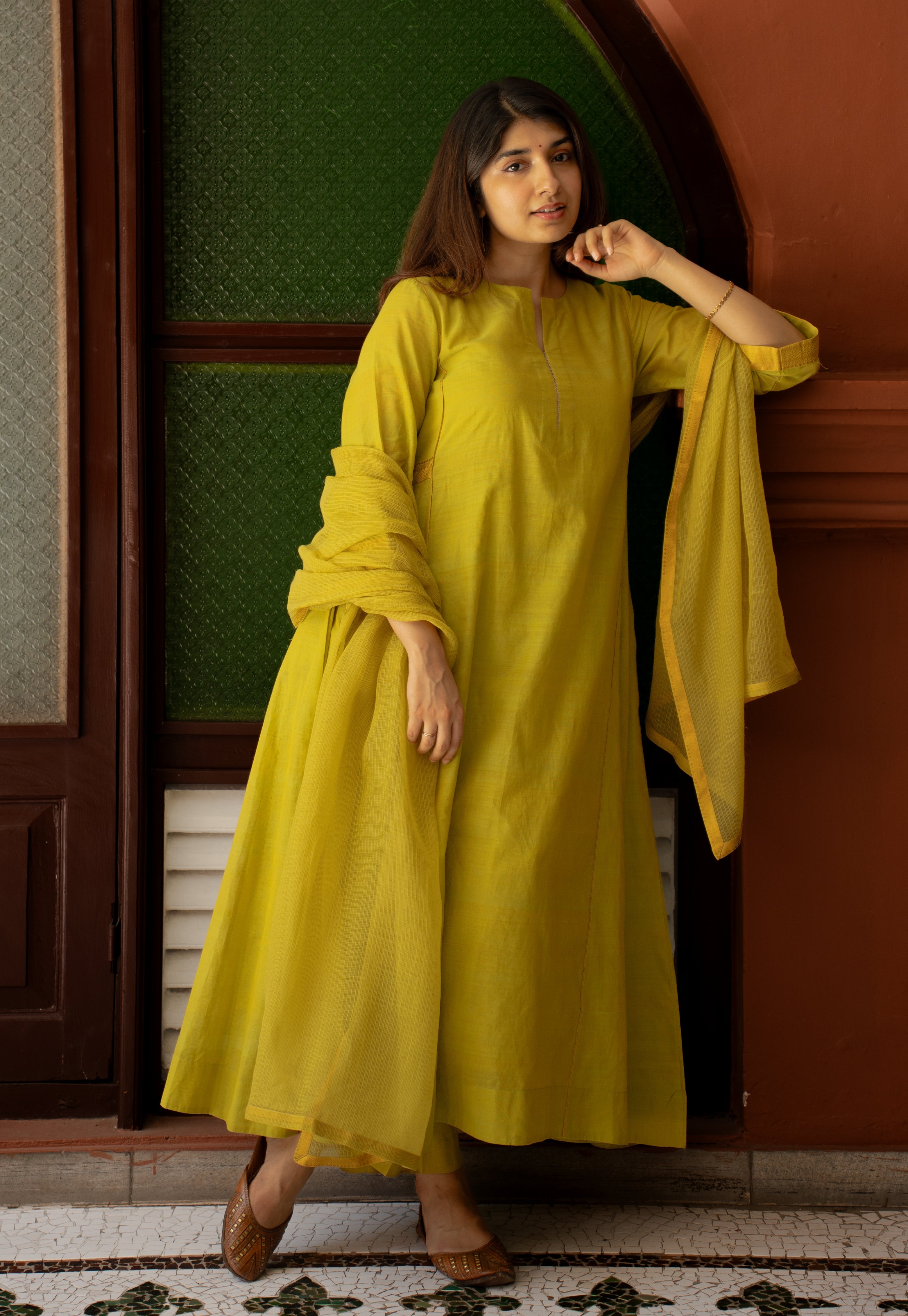 Kyra Green Mangalgiri Cotton Kali Kurta with Nizam Border and Hand Embroidery