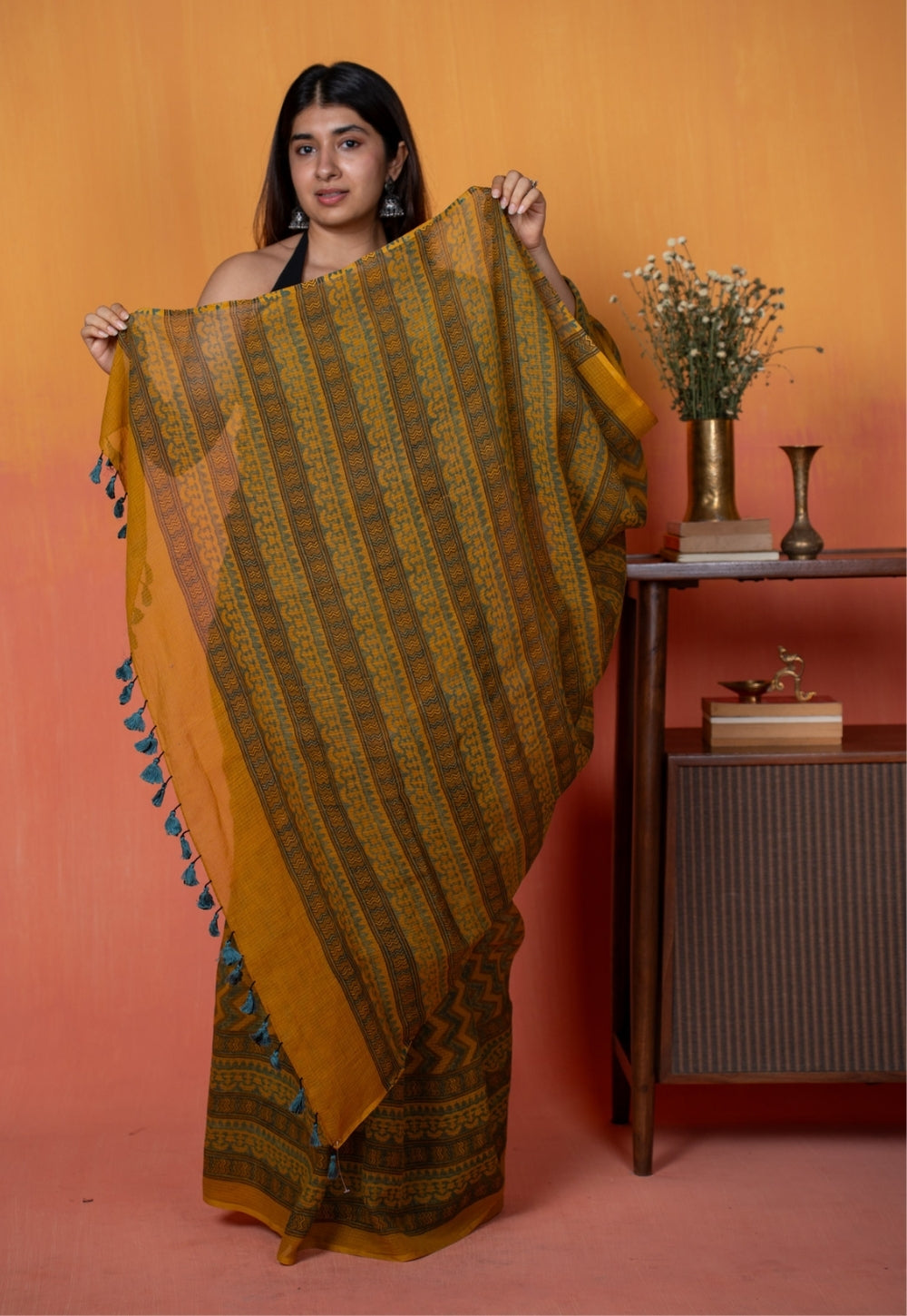 Yellow Zigzag Ajrakh Hand Block Print Kota Doria Cotton Saree