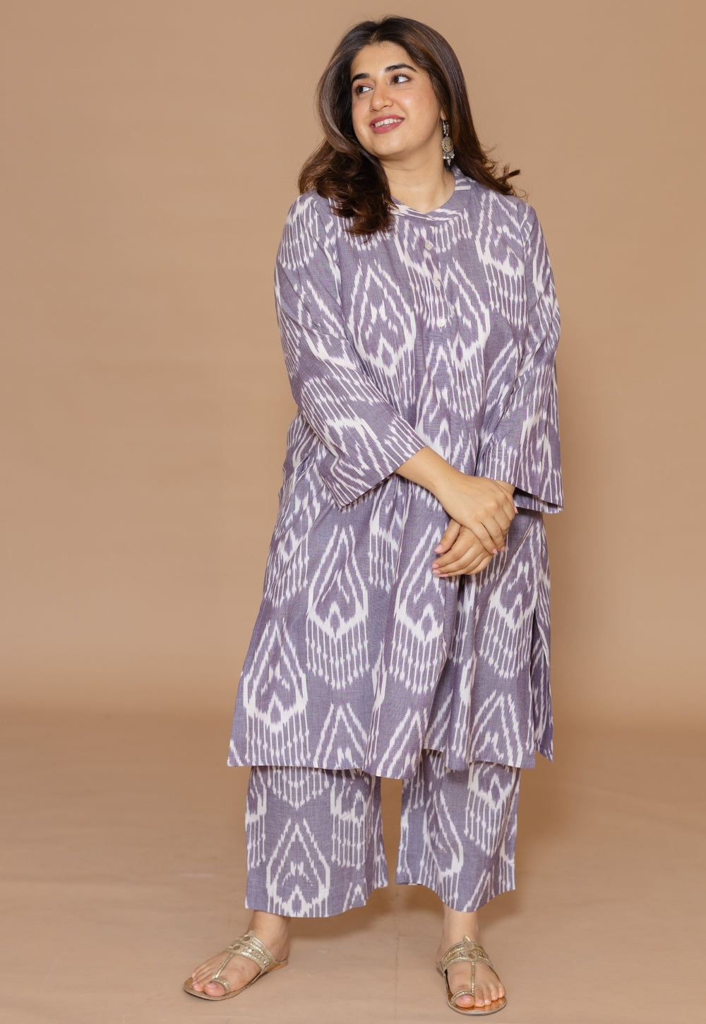 Ayaat Grey Handloom Ikkat Cotton Straight Co-Ord Set