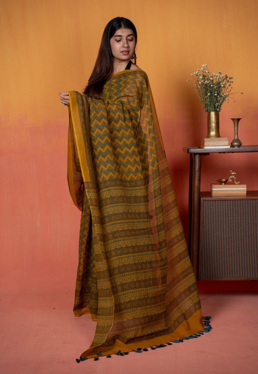 Yellow Zigzag Ajrakh Hand Block Print Kota Doria Cotton Saree