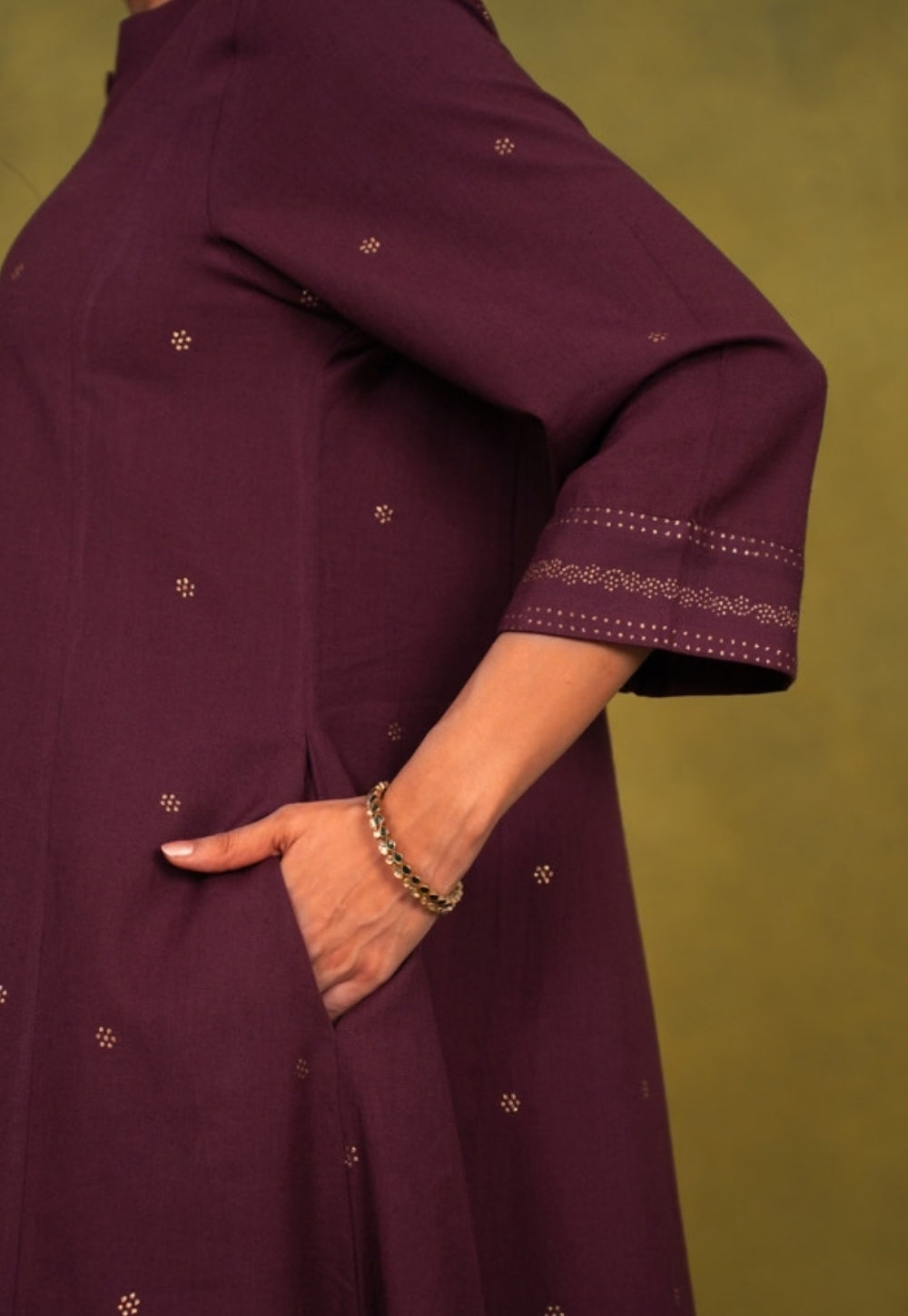 Malika Wine Rogan Handblock Printed Cotton Kali Kurta Suit Set (Set of 3)