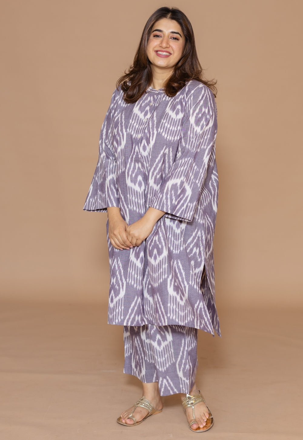 Ayaat Grey Handloom Ikkat Cotton Straight Co-Ord Set