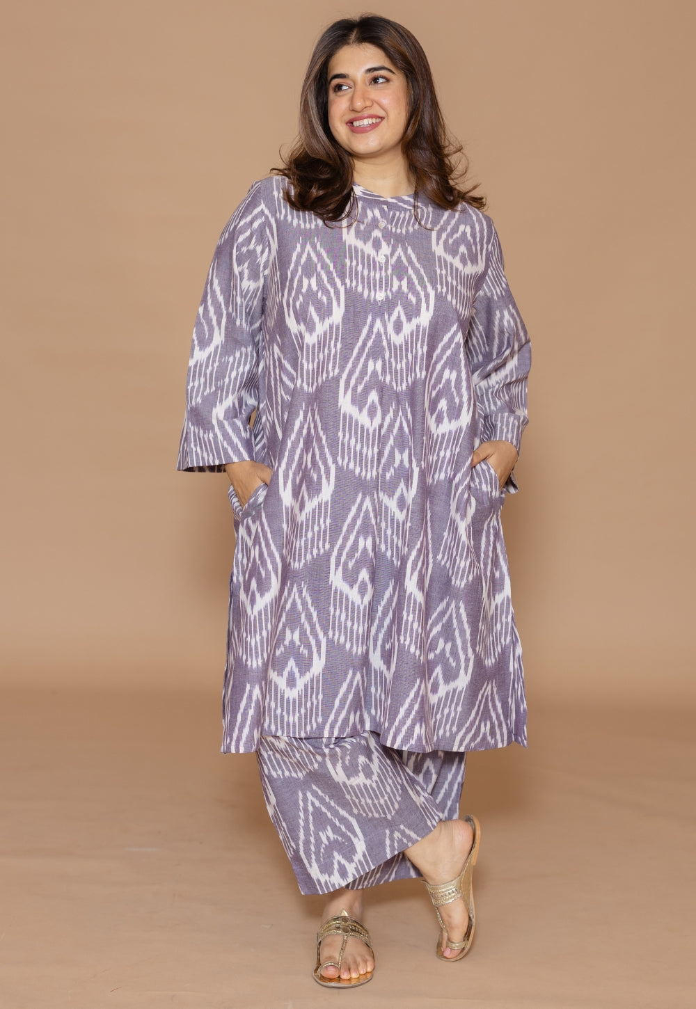 Ayaat Grey Handloom Ikkat Cotton Straight Co-Ord Set