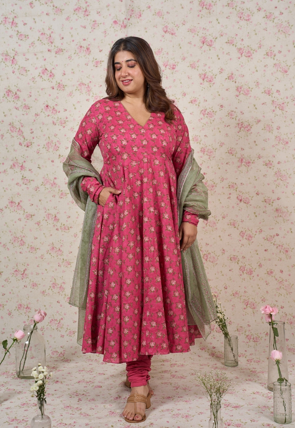 Julia Pink Sanganeri Mul Cotton A Line Kurta