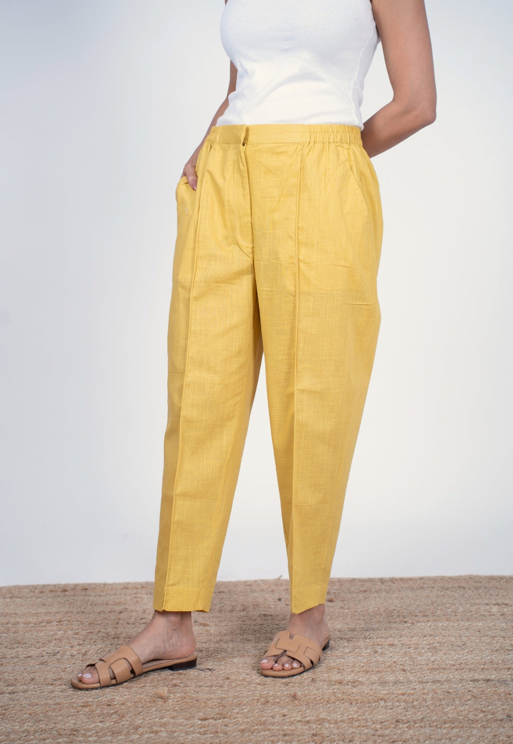 Myra Yellow Solid Slub Cotton Narrow Pant