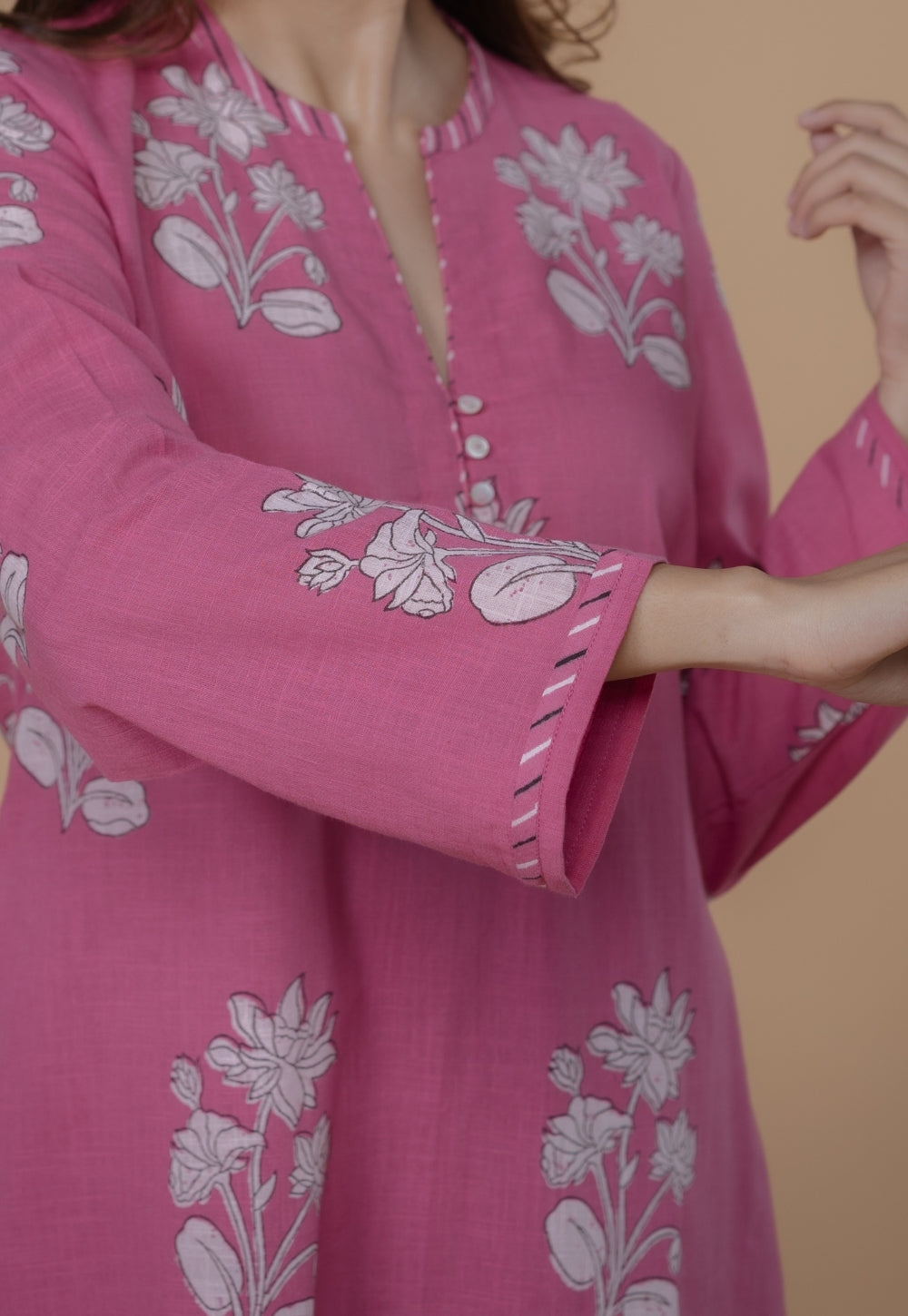 Eshika Pink Dabu Slub Cotton A Line Kurta Set (Set of 2)
