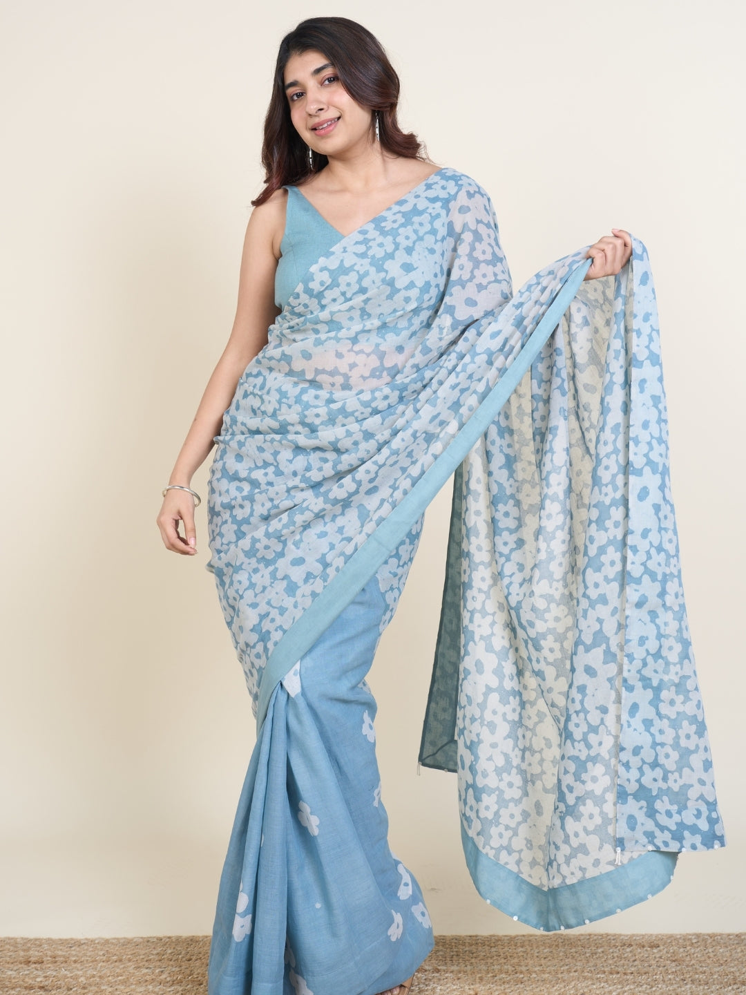 Warisha Blue Batik Hand Block Print Mul Cotton Saree with Embroidery