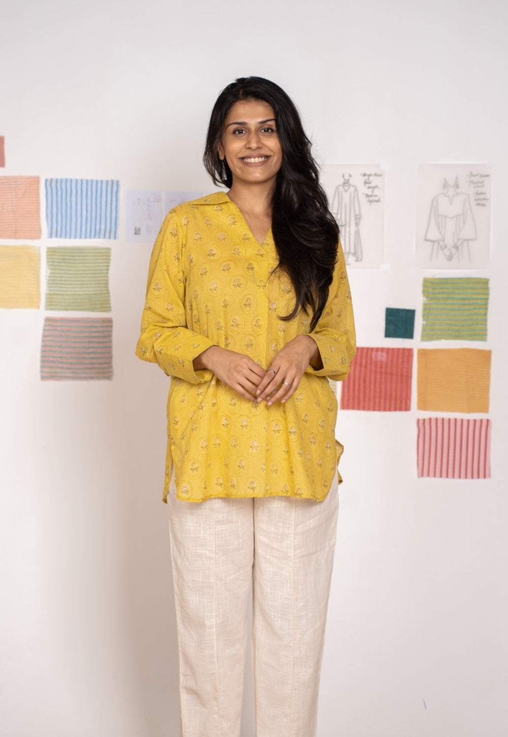 Zohal Yellow Sanganeri Mul Cotton Straight Short Top