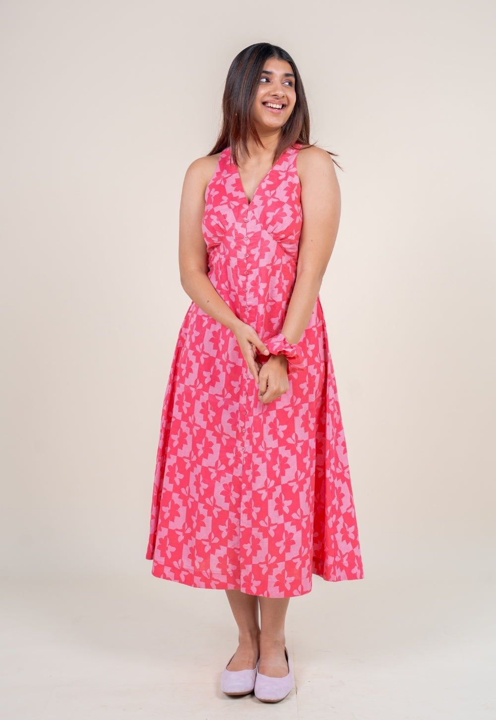 Riva Bright Pink Printed Cotton A Line Dress
