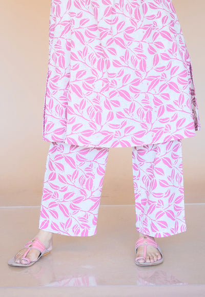 Yashi Pink Hand Block Print Slub Cotton Straight Pant