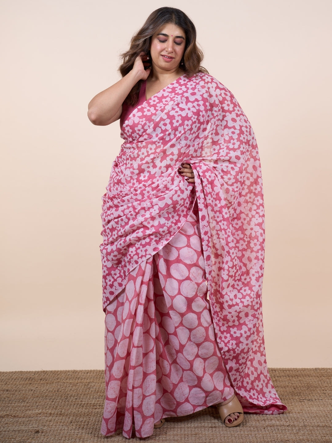 Taya Pink Batik Hand Block Print Mul Cotton Saree with Embroidery