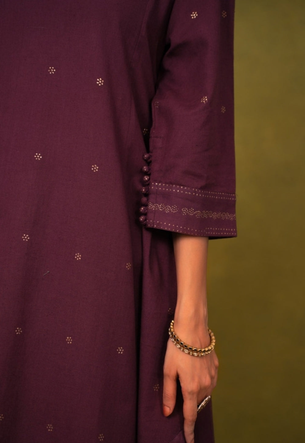 Malika Wine Rogan Handblock Printed Cotton Kali Kurta Suit Set (Set of 3)