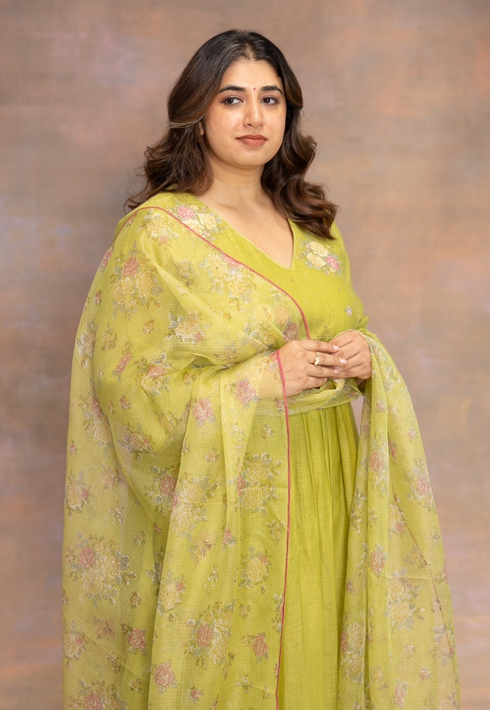 Rooz Green Solid Chanderi Silk Kali Kurta with Hand Embroidery