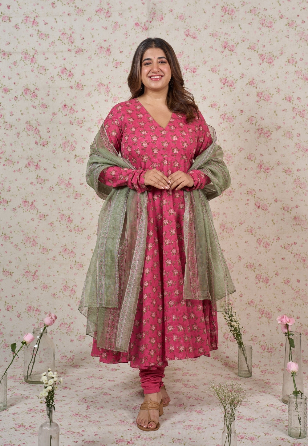 Julia Pink Sanganeri Mul Cotton A Line Kurta