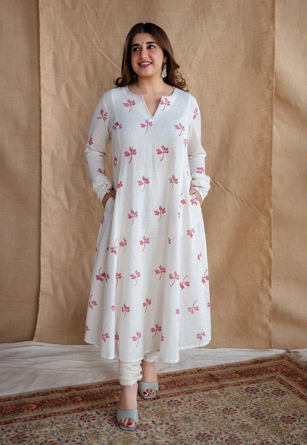 Mashia Dabu Slub Cotton Hand Embroidered Kali Kurta