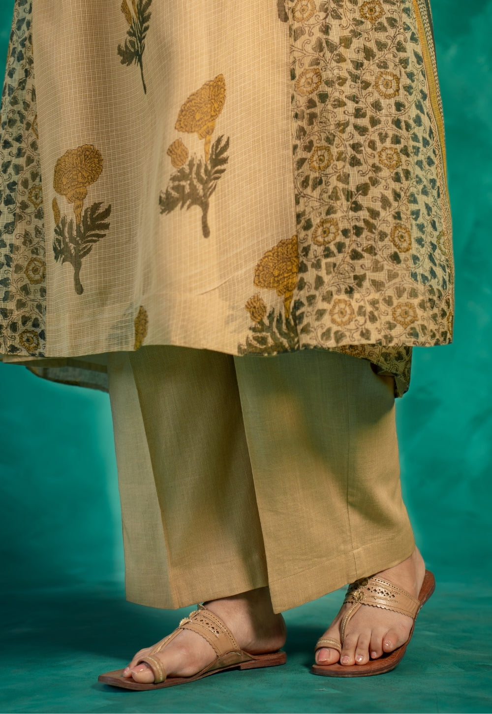 Yashi Beige Solid Slub Straight Pant