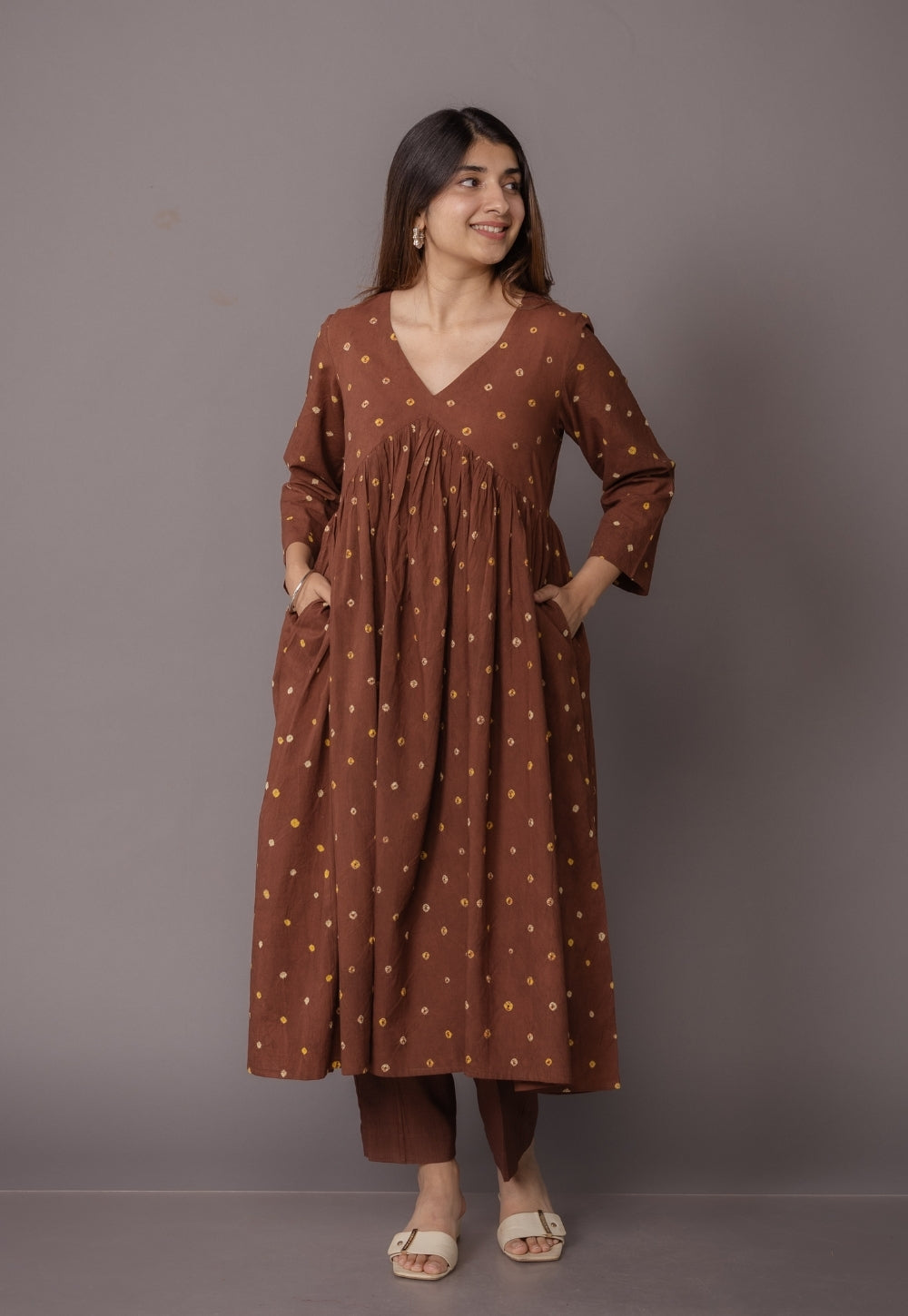Trupti Brown Bandhani Cotton A Line Kurta