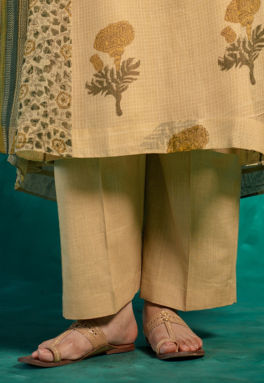 Yashi Beige Solid Slub Straight Pant