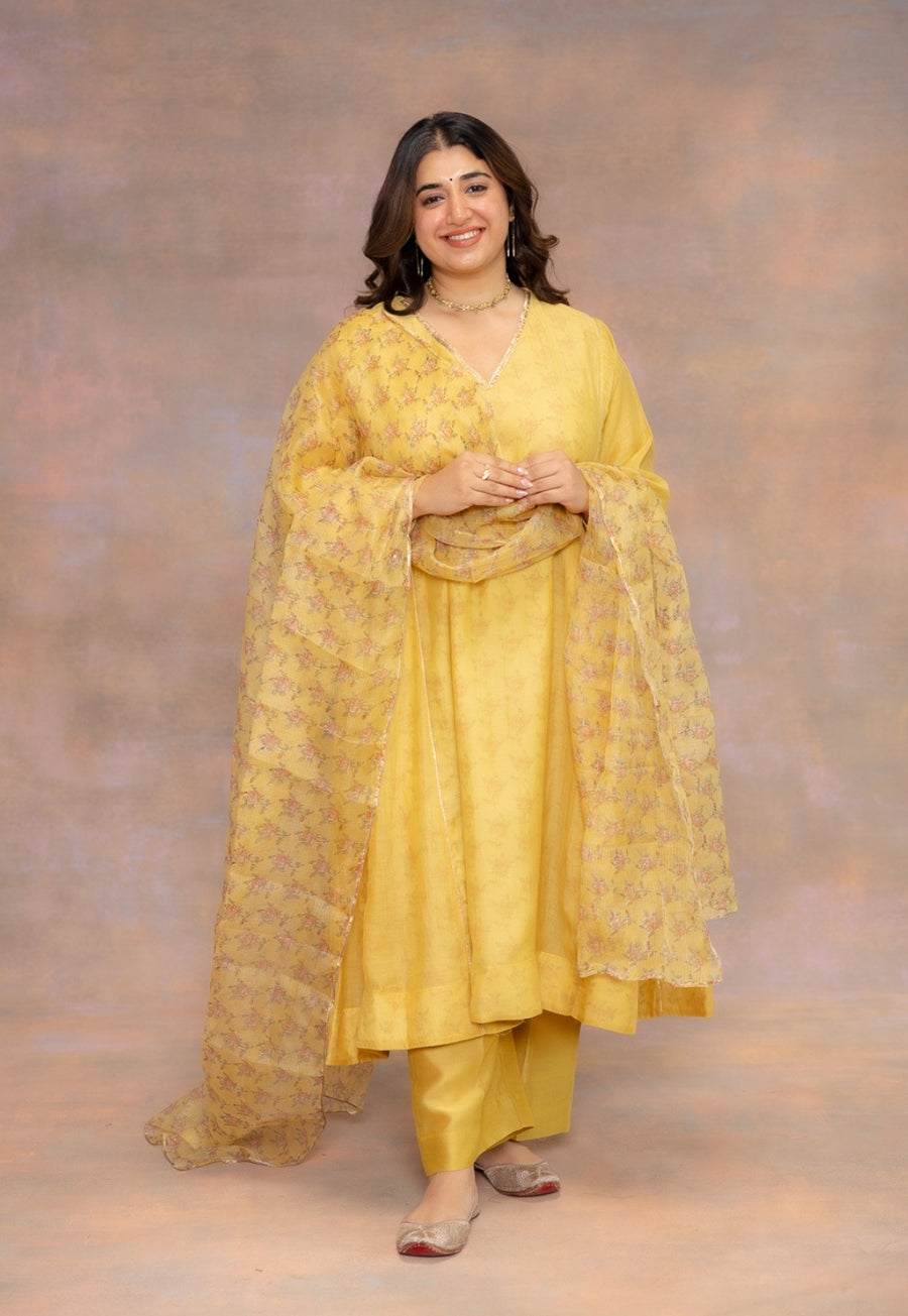 Rosa Yellow Sanganeri Kota Doria Silk Dupatta with Mukaish Detailing