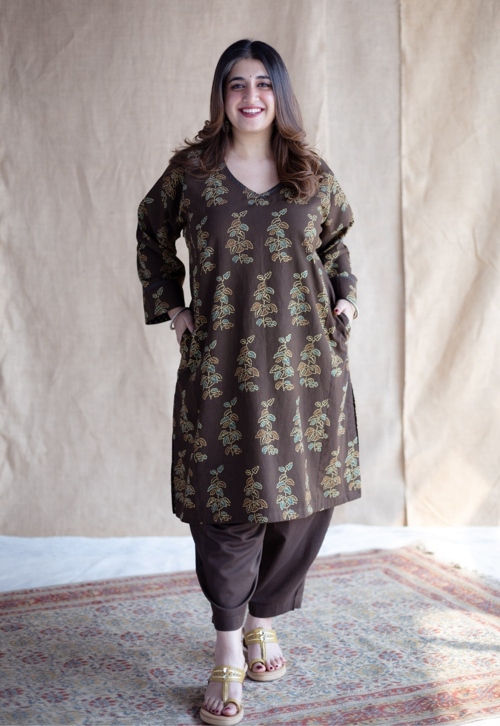 Tarin Brown Solid Slub Cotton Afghan Pant