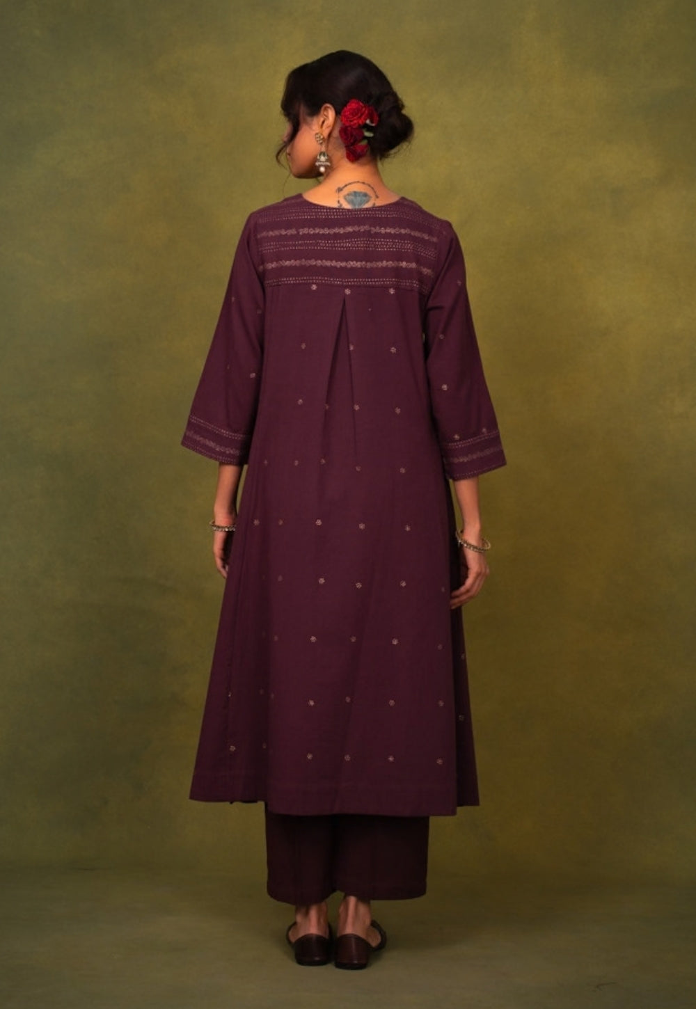 Malika Wine Rogan Handblock Printed Cotton Kali Kurta Suit Set (Set of 3)