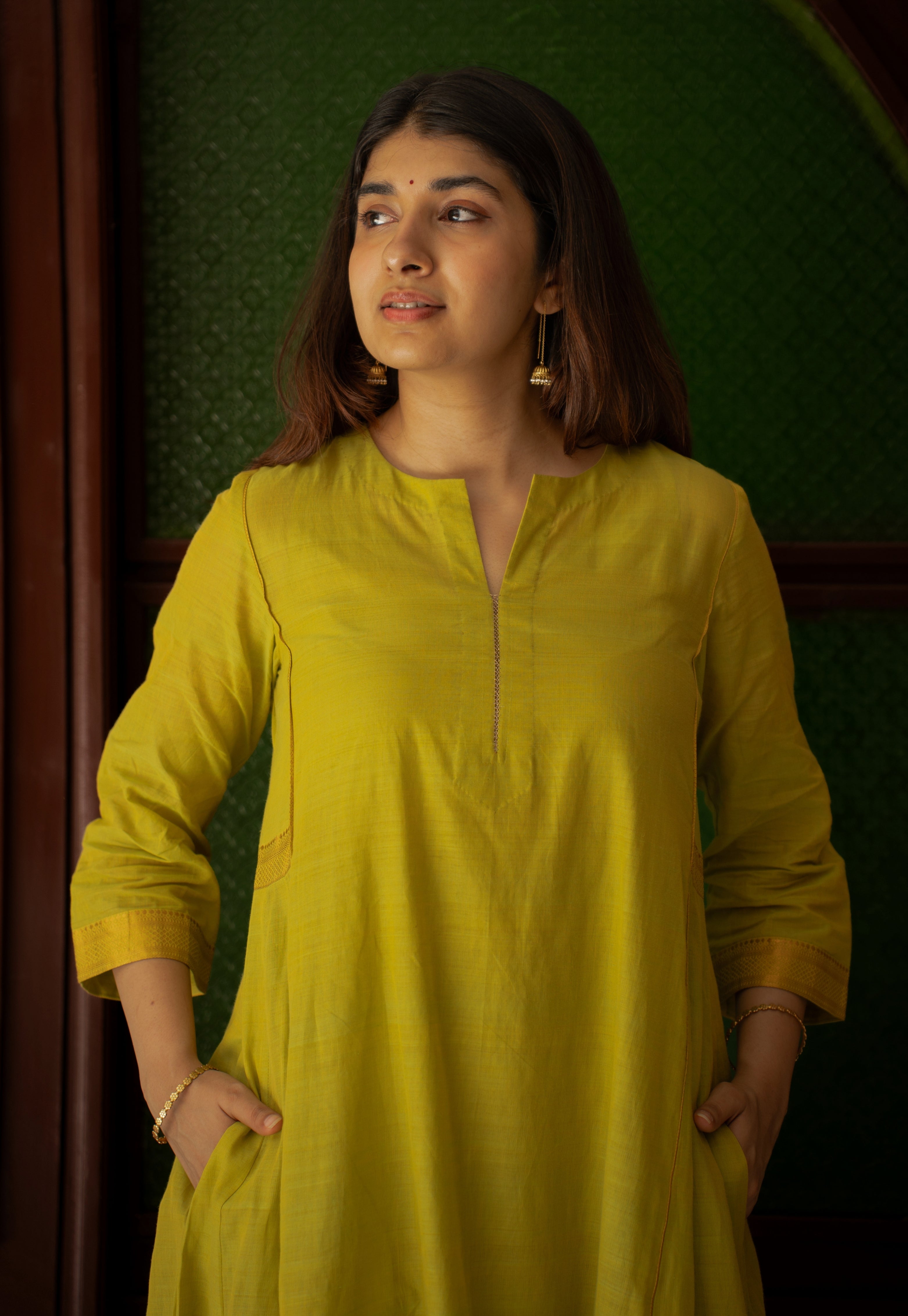 Kyra Green Mangalgiri Cotton Kali Kurta with Nizam Border and Hand Embroidery