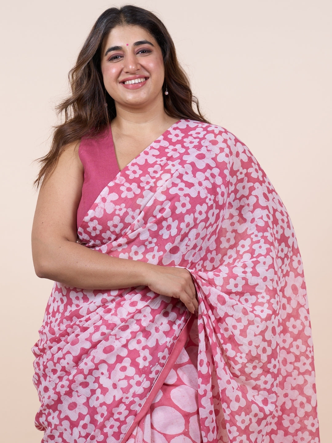 Taya Pink Batik Hand Block Print Mul Cotton Saree with Embroidery