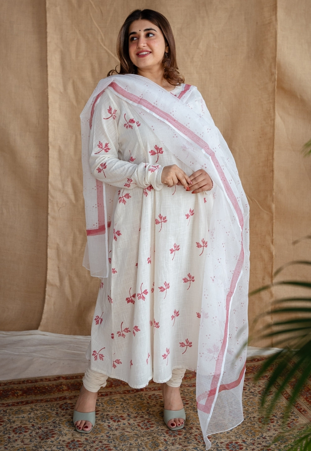 Mashia Dabu Slub Cotton Hand Embroidered Kali Kurta