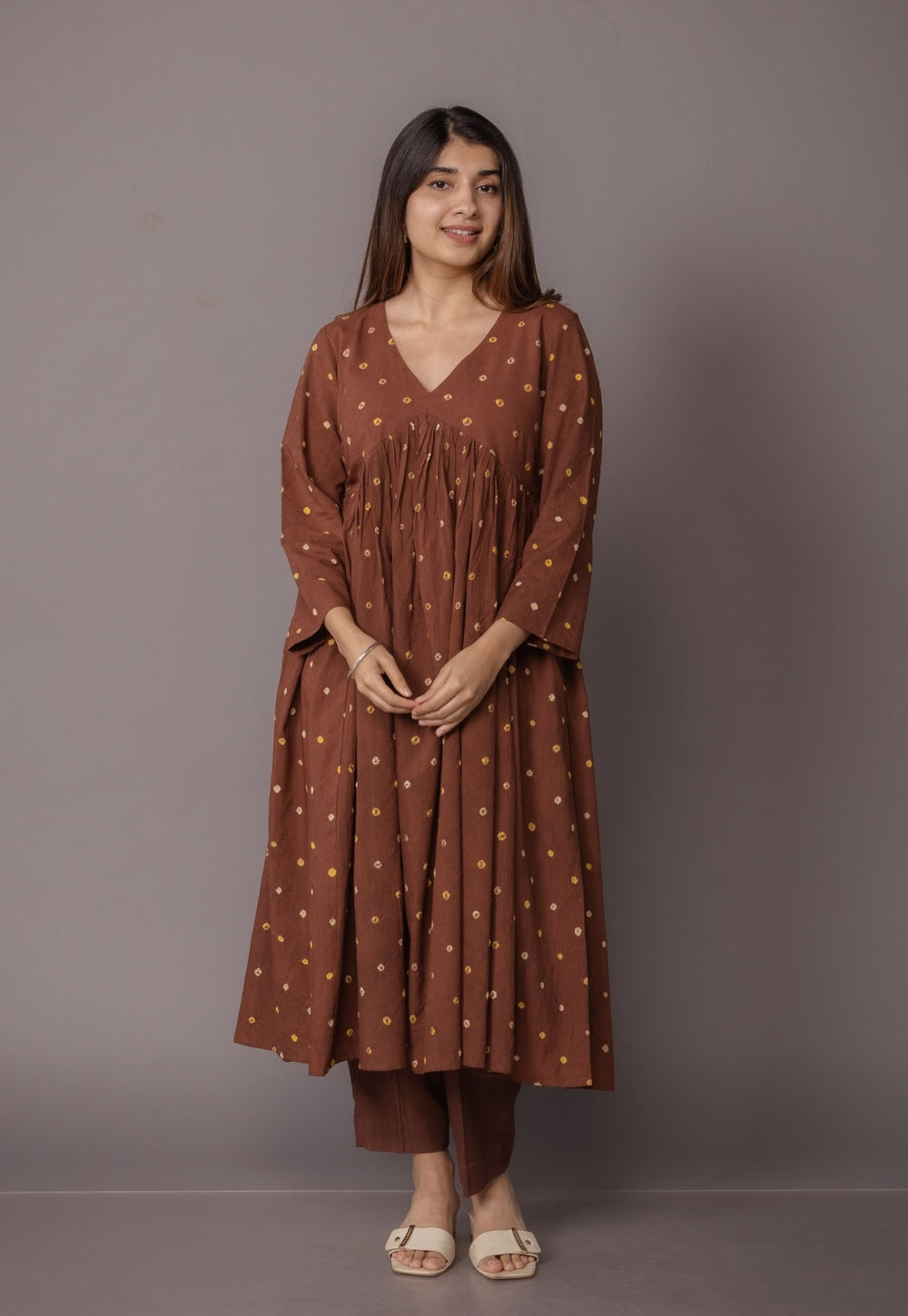 Trupti Brown Bandhani Cotton A Line Kurta Set (Set of 2)