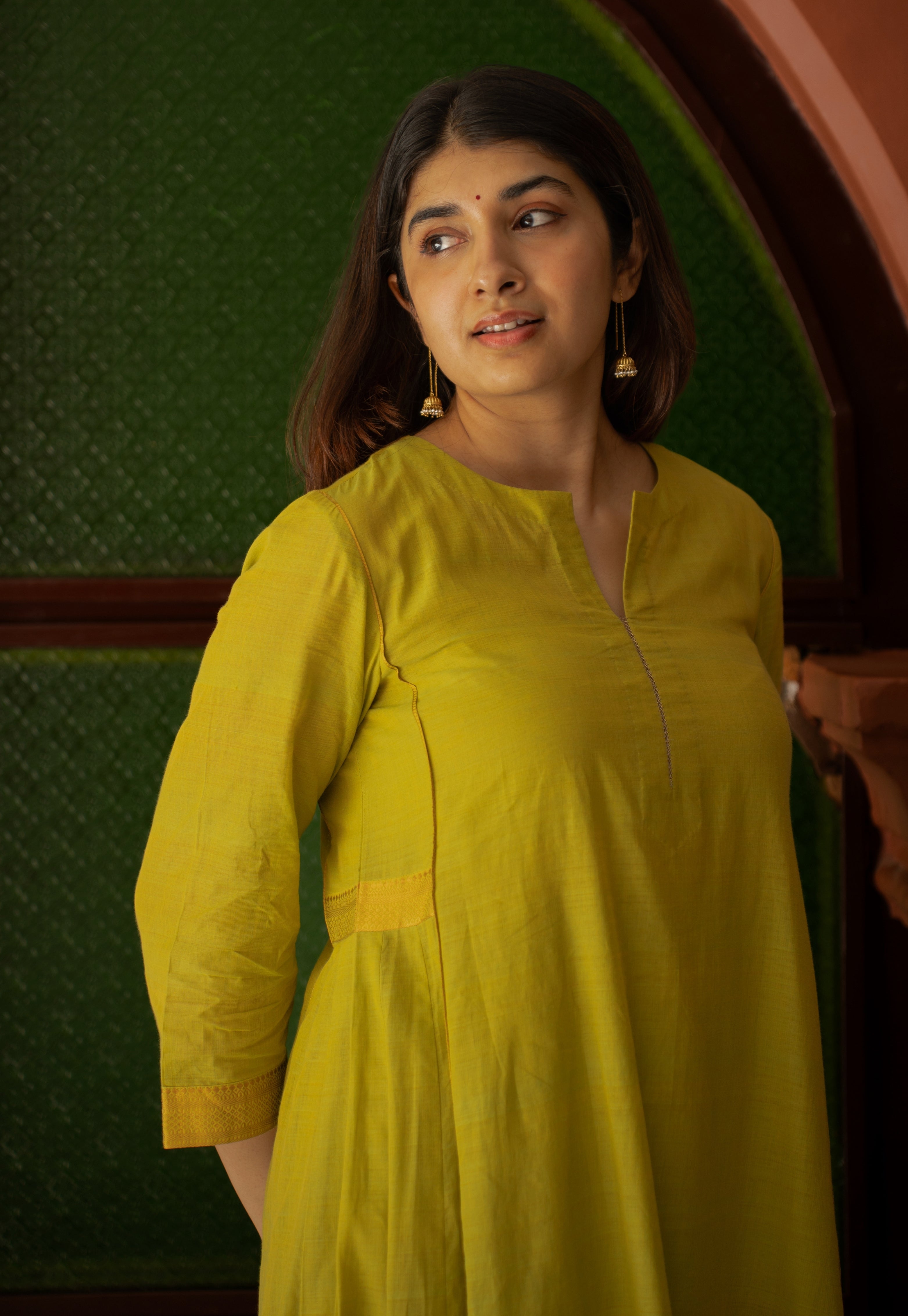 Kyra Green Mangalgiri Cotton Kali Kurta with Nizam Border and Hand Embroidery