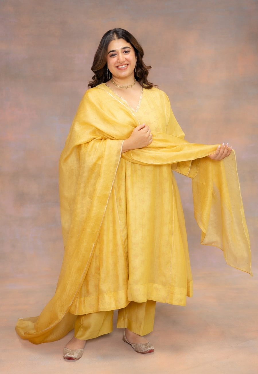 Rosa Yellow Solid Chanderi Slik Jhabbha Kali Kurta with Lace Detailing