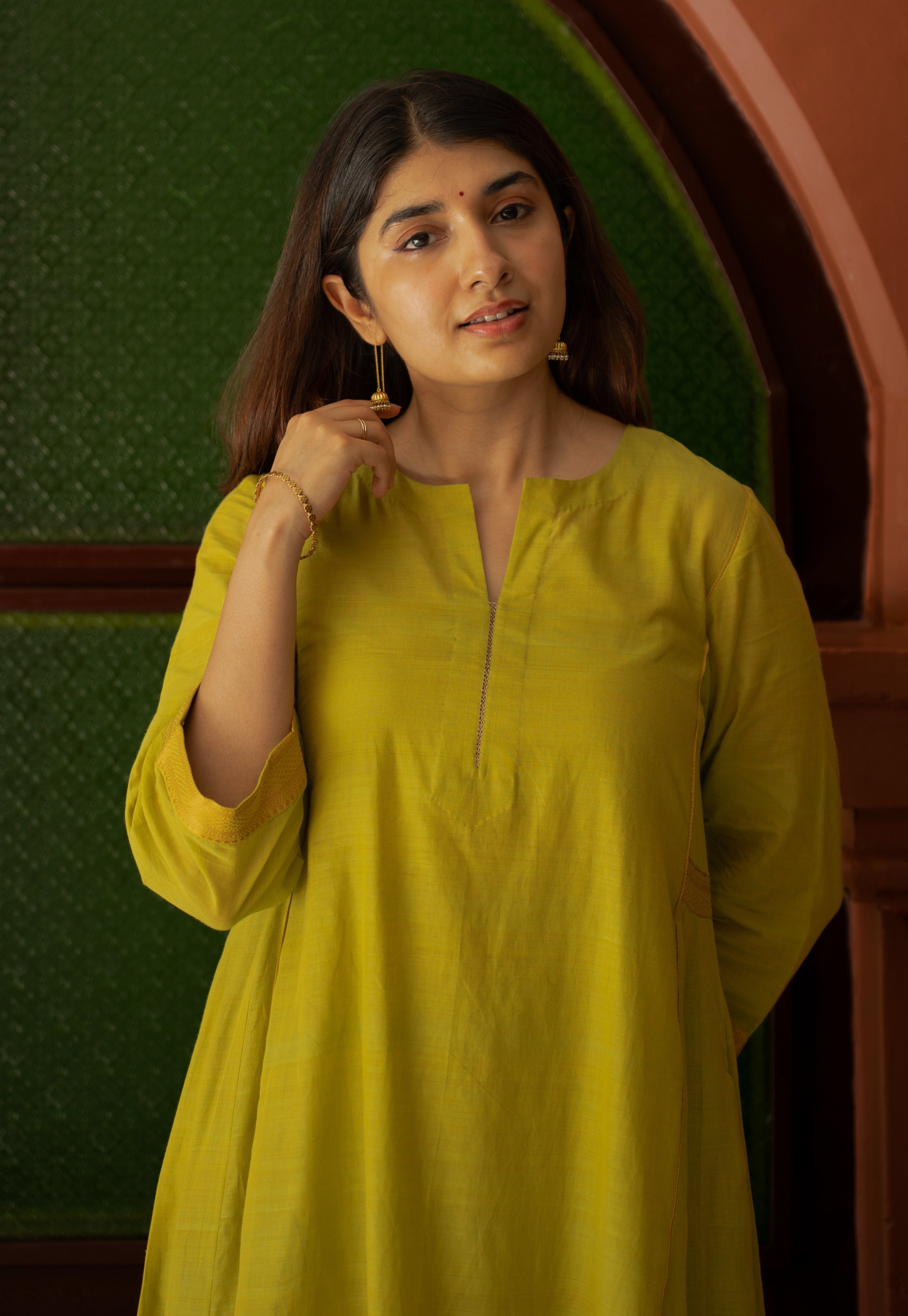 Kyra Green Mangalgiri Cotton Kali Kurta with Nizam Border and Hand Embroidery