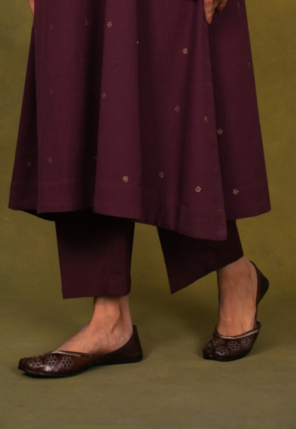 Malika Wine Rogan Handblock Printed Cotton Kali Kurta Suit Set (Set of 3)