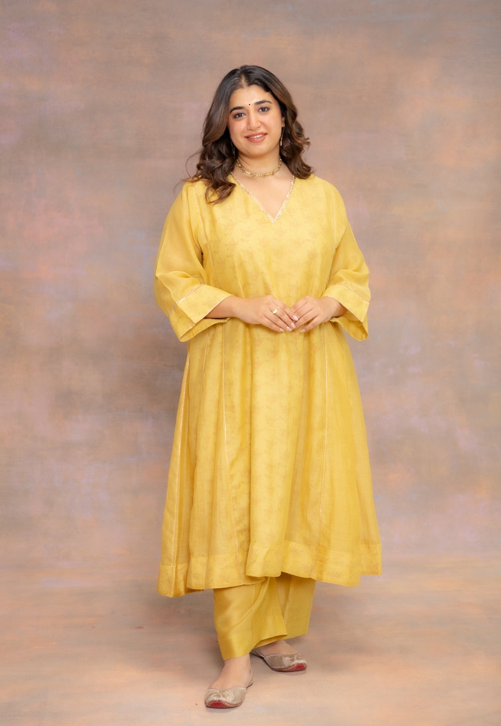 Rosa Yellow Solid Chanderi Slik Jhabbha Kali Kurta with Lace Detailing