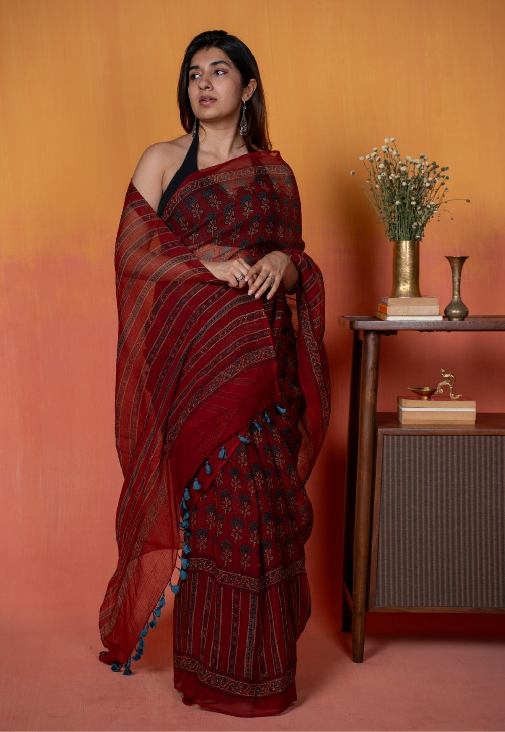 Red Floral Butta Ajrkah Hand Block Print Kota Doria Cotton Saree