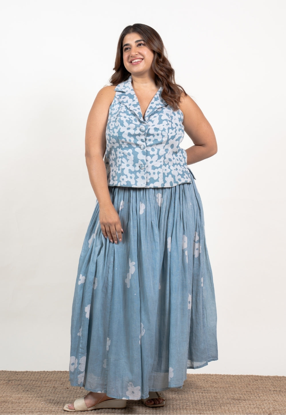 Ishani Blue Batik MulMul Straight Waistcoat Top