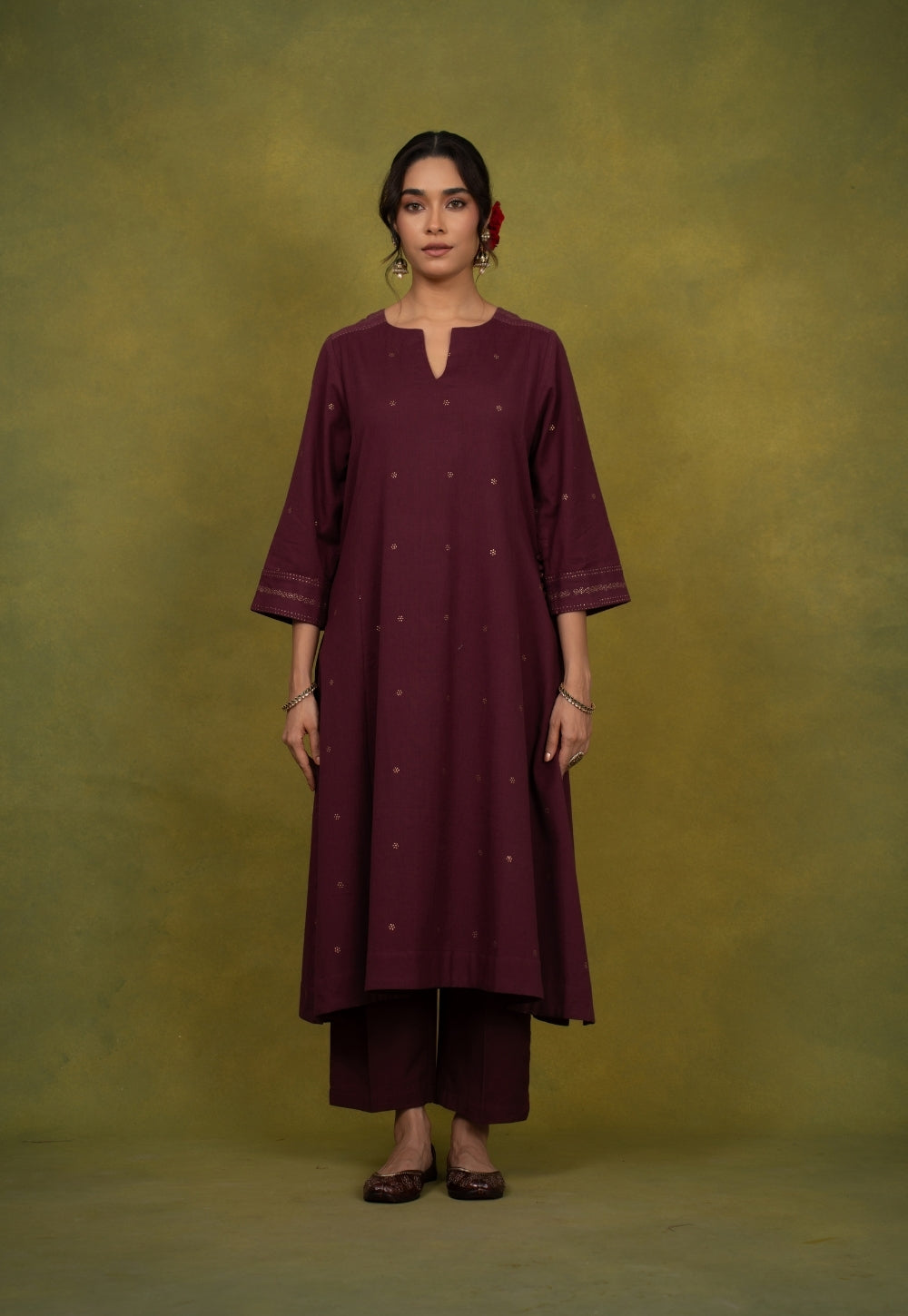 Malika Wine Rogan Handblock Printed Cotton Kali Kurta Suit Set (Set of 3)