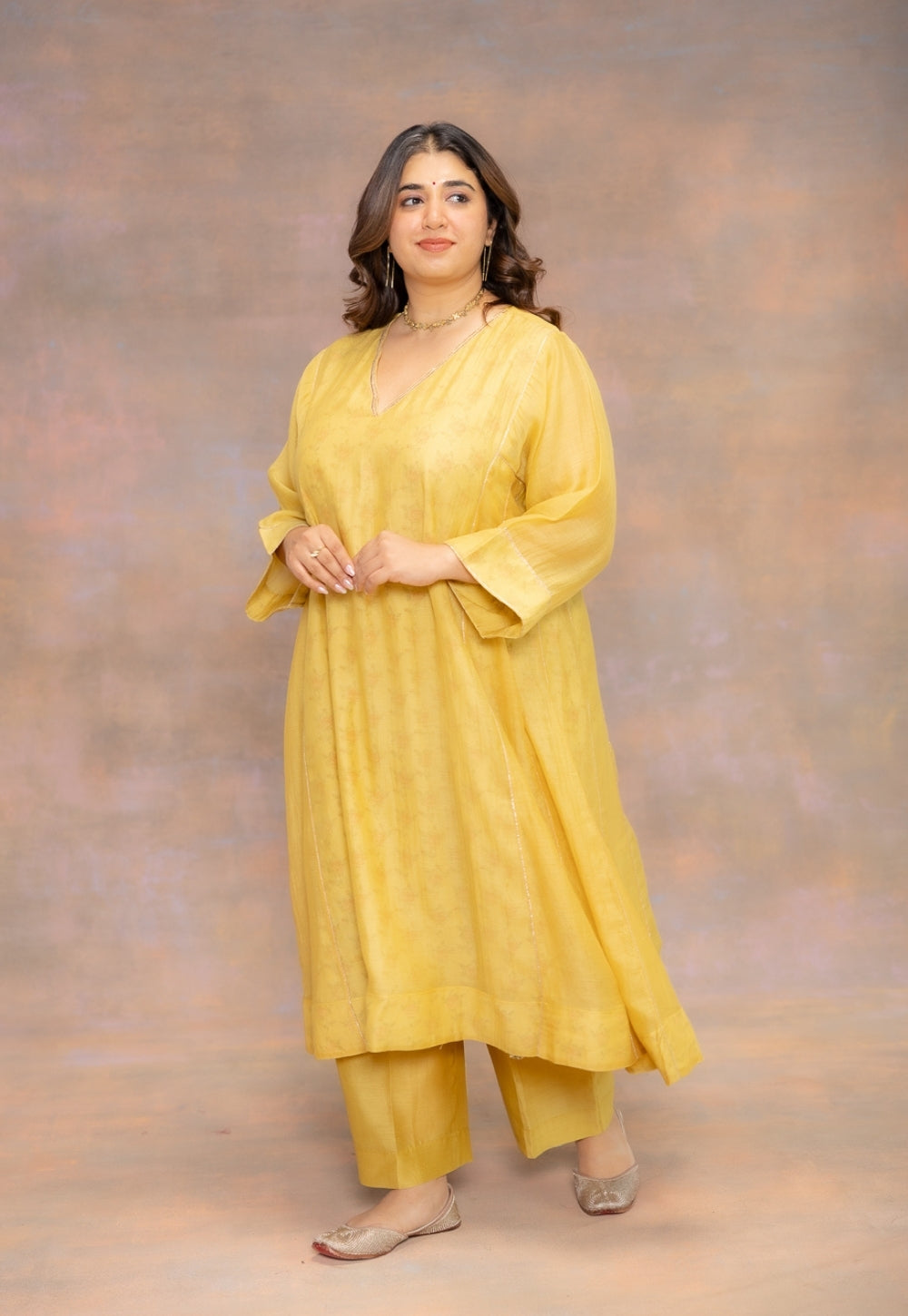 Rosa Yellow Solid Chanderi Slik Jhabbha Kali Kurta with Lace Detailing