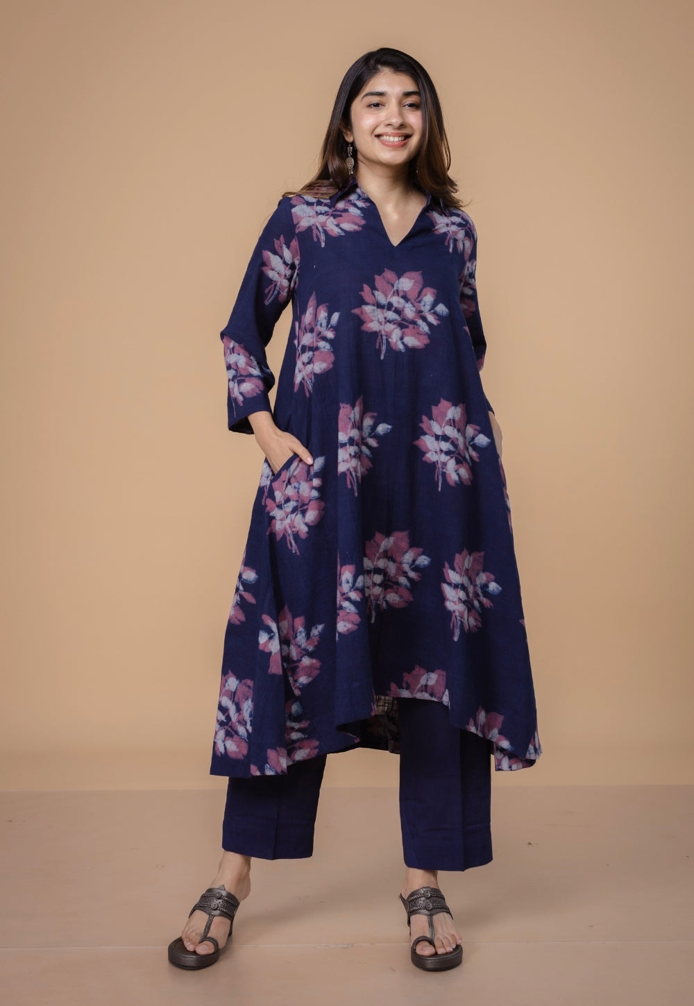 Karina Purple Dabu Slub Cotton A Line Kurta