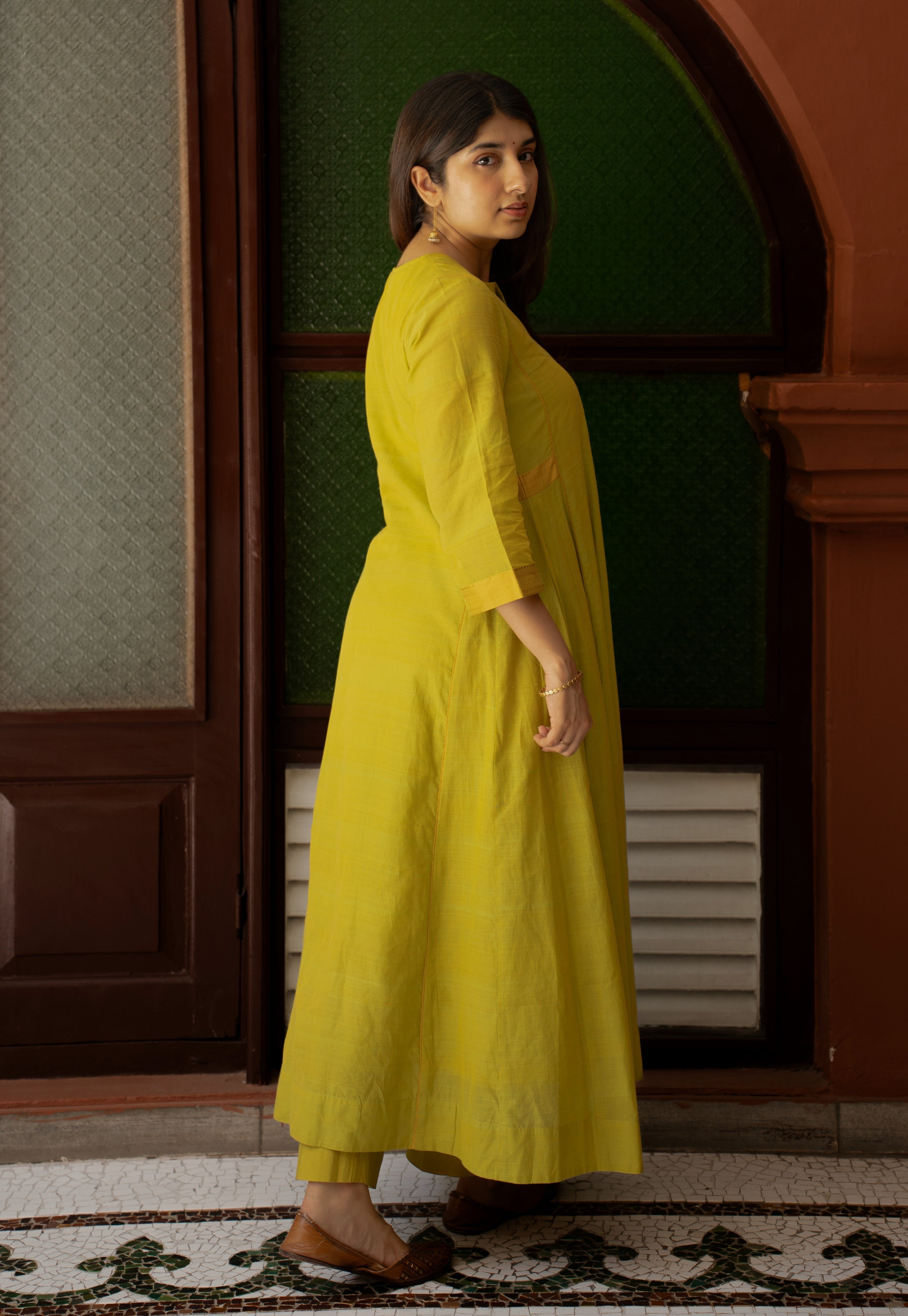 Kyra Green Mangalgiri Cotton Kali Kurta with Nizam Border and Hand Embroidery