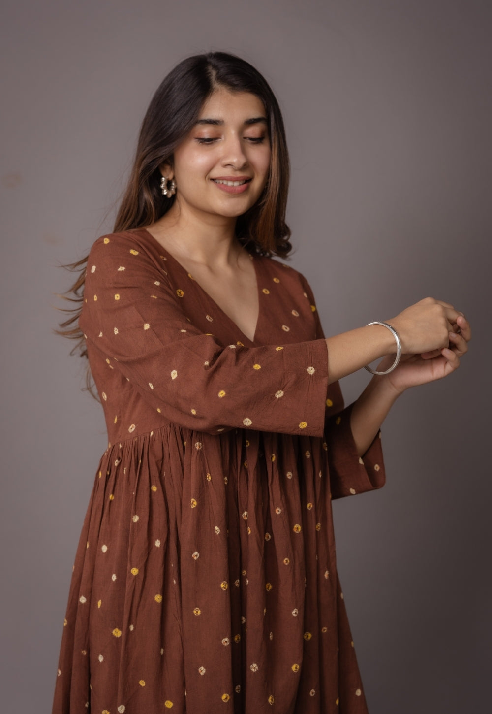 Trupti Brown Bandhani Cotton A Line Suit Set (Set of 3)