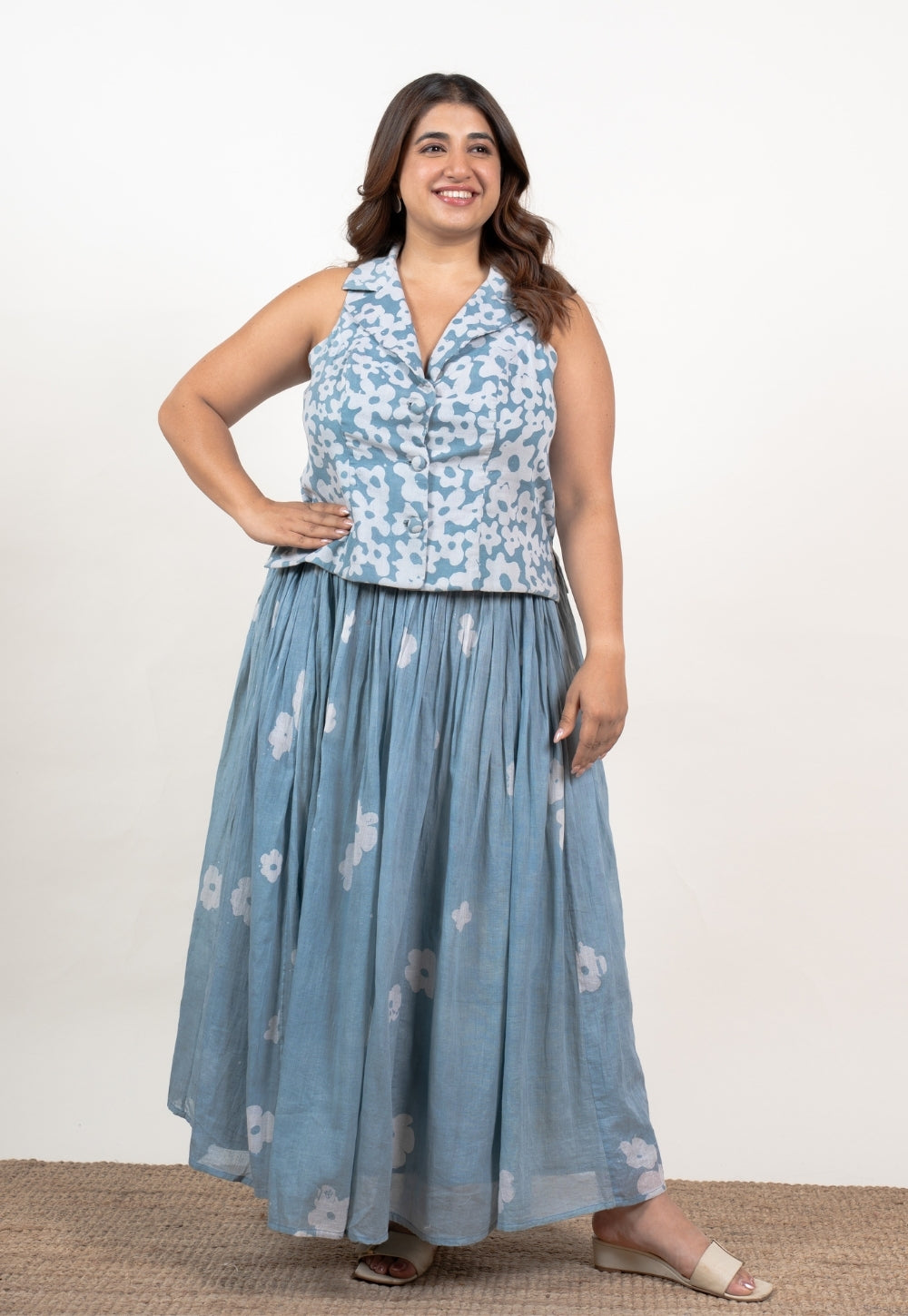 Ishani Blue Batik MulMul Straight Waistcoat Top