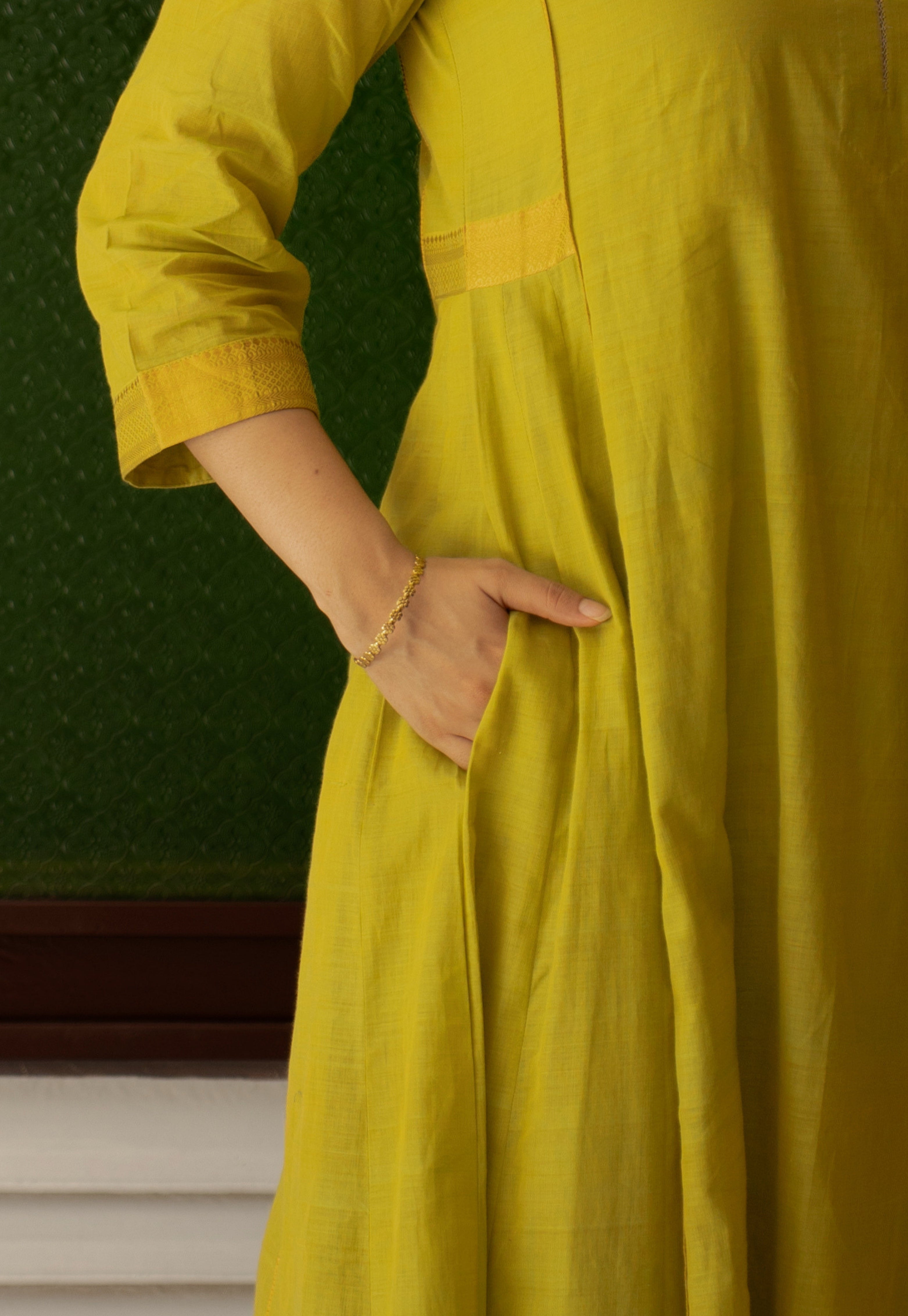Kyra Green Mangalgiri Cotton Kali Kurta with Nizam Border and Hand Embroidery