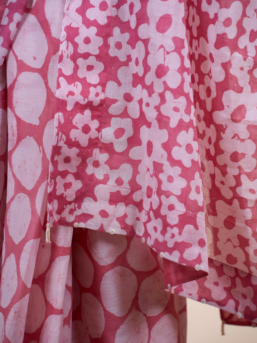 Taya Pink Batik Hand Block Print Mul Cotton Saree with Embroidery