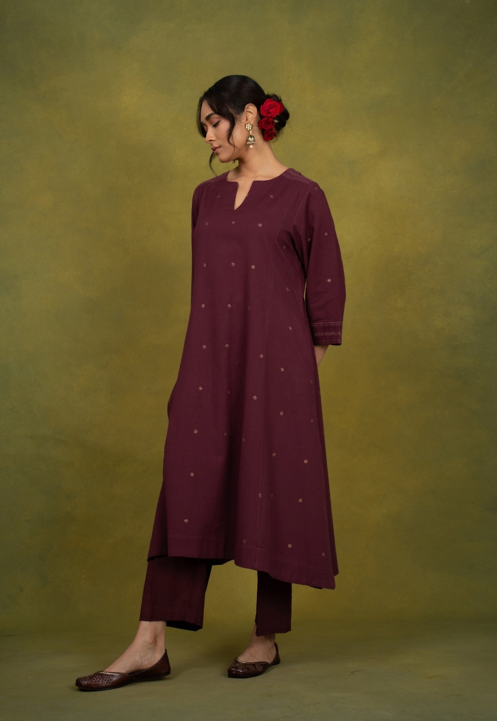 Malika Wine Rogan Handblock Printed Cotton Kali Kurta Suit Set (Set of 3)