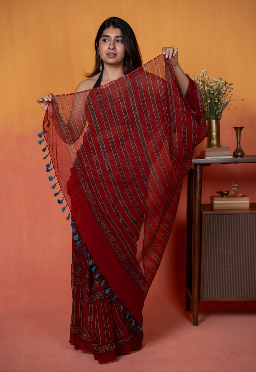 Red Floral Butta Ajrkah Hand Block Print Kota Doria Cotton Saree