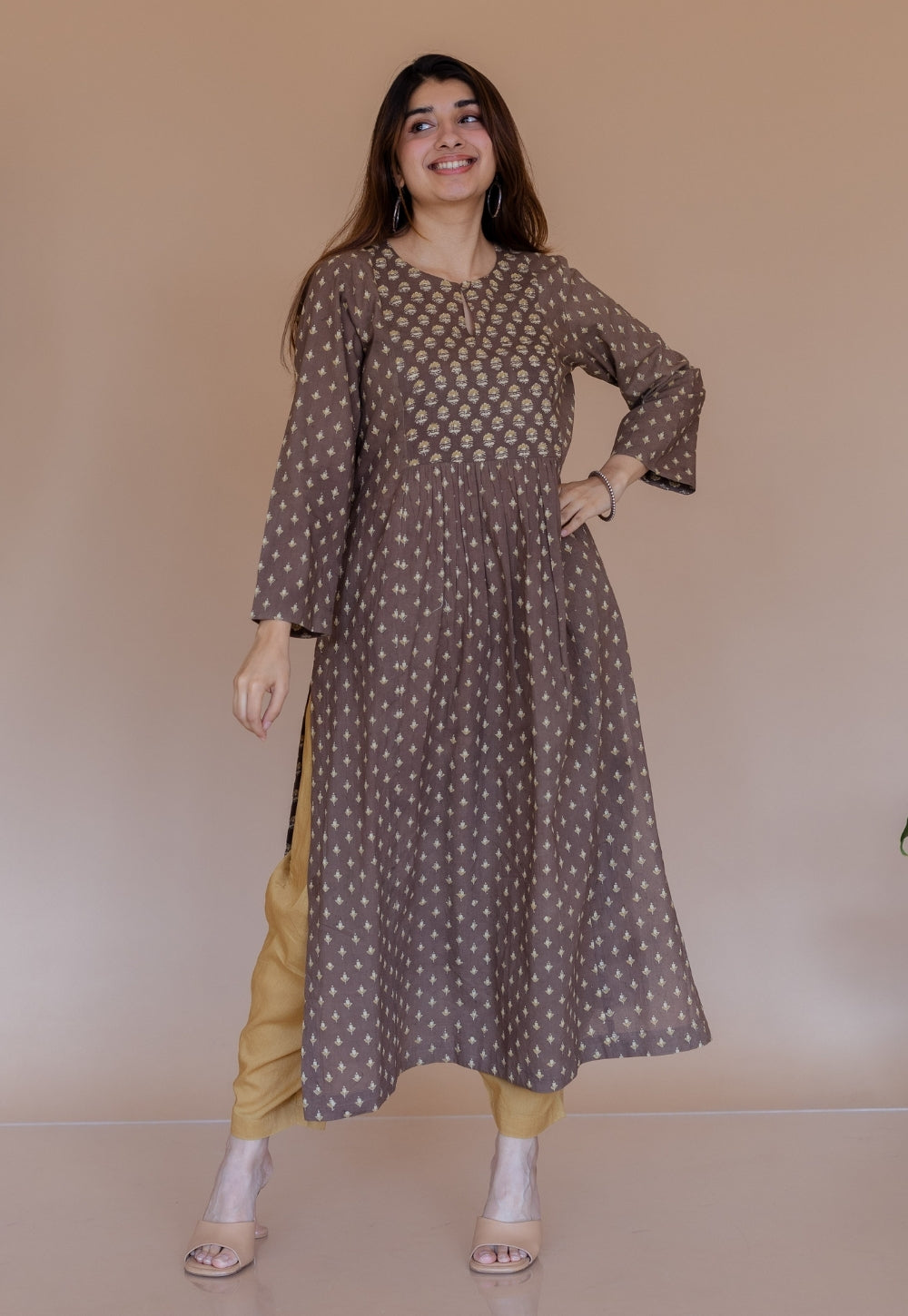 Shikha Brown Ajrakh Cotton Kali Suit Set (Set of 3)